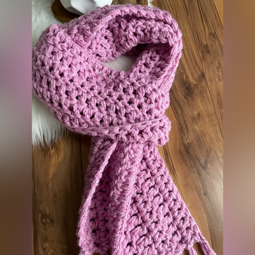 Orchid Pink Crochet Fringe Scarf handmade long made in USA soft